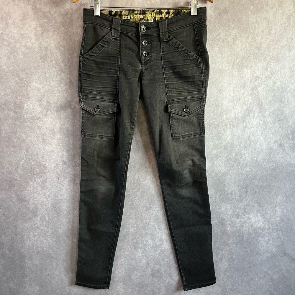 Beautiful Rich & Skinny Jeans Womens 26 Black Low Rise Cargo Pockets Button Up